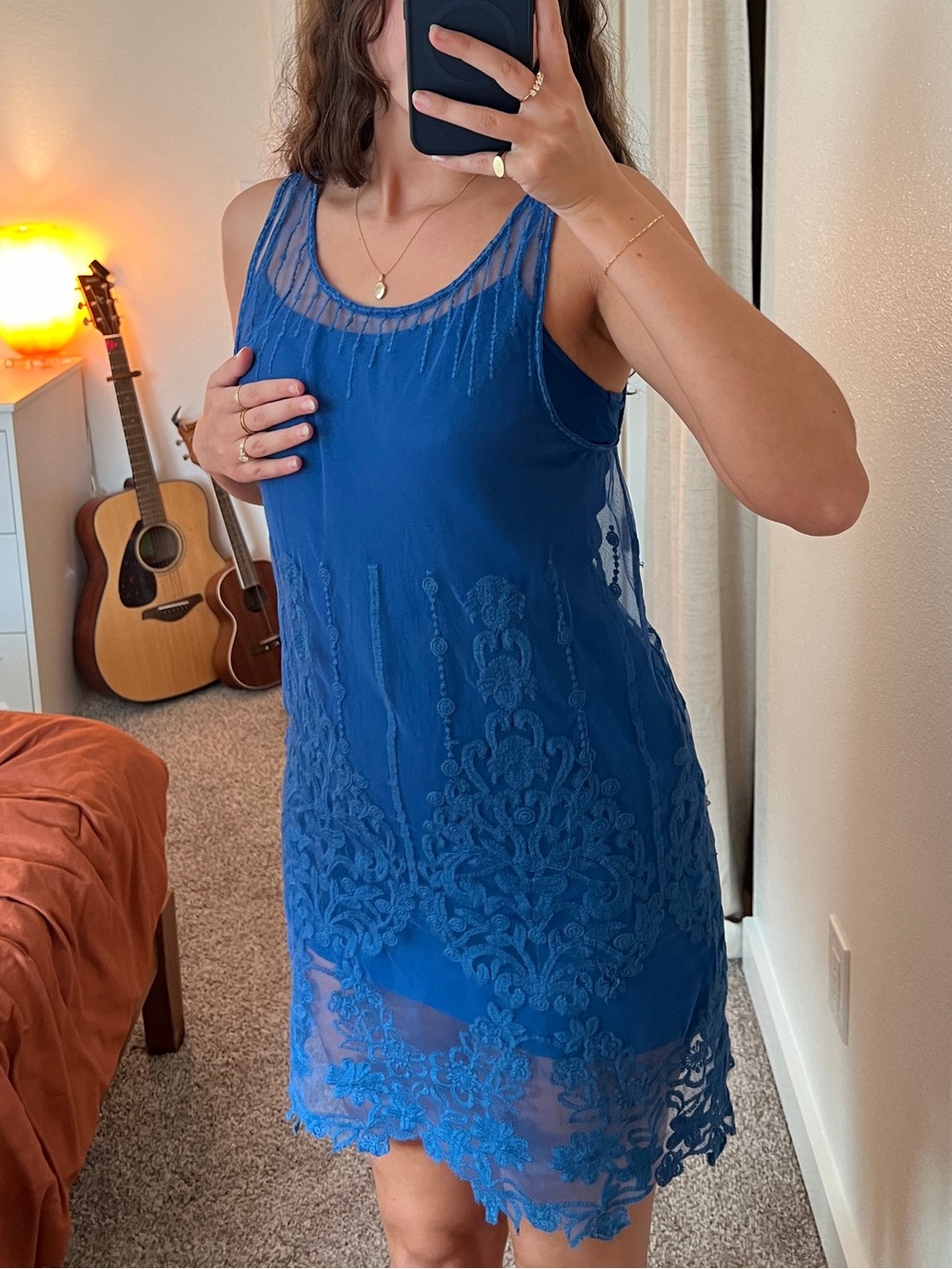 Free People Blue embroidered mesh slip mini dress
